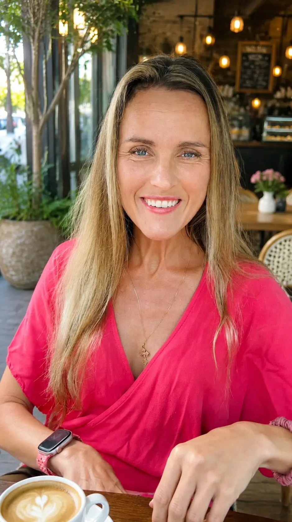 Maria Blair smiling at a cafe with a latte